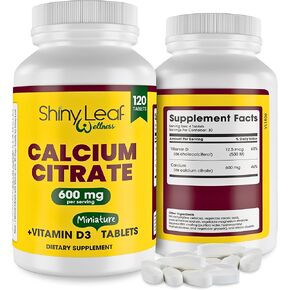 Calcium Citrate with Vitamin D3-120 Unflavored Mini Calcium Citrate 600mg Tablets for Women and Men Plus Vitamin D 12.5mcg (500 IU), Easy Swallow Calcium Supplement, 30 Days Supply by Shiny Leaf