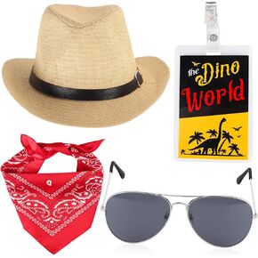 Yewong 4 Pieces Adult Dinosaur Paleontologist Costume Accessories Set - Hat Bandana Sunglasses ID Badge for Dinosaur Expert Park Ranger Halloween Movie Character Cosplay