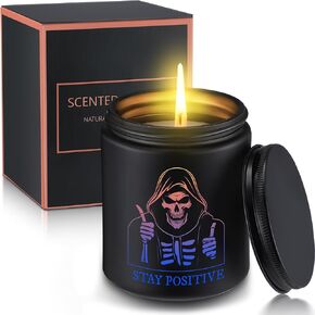 Scented Candle for Men with Color Sensor Light, Stay Positive Skeleton Man Black Candles, Natural Hand Poured Aromatherapy Candle, 7oz Soy Candle Gift for Christmas