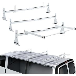 Universal Van Ladder Roof Racks with Rear Roller, 3 Bars Adjustable Length Matte Coating Van Rack with Ladder Stoppers, Fit Chevy Express Fullsize Van 1996-Up,for Vans with Rain Gutter Only