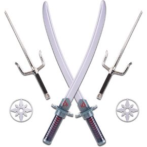 Kangaroo 6-Piece Ninja Halloween Costume Accessories - Toy Swords Set for Kids, Anime Swords for Ninja Kids Toys | Ninja Weapons for Boys, Silver Katanas, SAIS, and Stars Samurai Sword for 8-12