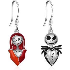 LILALO Jack Skellington And Sally Sterling Silver Skull Pendant Asymmetric Dangle Hoop Earrings For Women ，Hollowen Christmas gifts