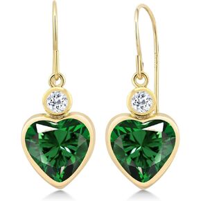 Gem Stone King 14K Yellow Gold Green Nano Emerald and White Topaz Earrings For Women (3.54 Cttw, Gemstone May Birthstone, Heart Shape 8MM and, Round 3MM)