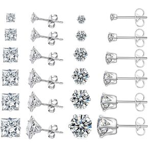 Jewelry for Women Men Silver Stainless Steel Piercing Stud Earrings CZ Earrings Set 3-8mm (12Pairs)