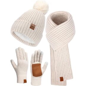 Winter Beanie Hat Scarf Gloves Set, Fleece Lined Beanie Pom Long Scarf Neck Warmer Touchscreen Gloves for Women Men