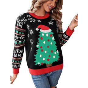 KOJOOIN Ugly Christmas Sweater Funny for Women 2024 Crew Neck Long Sleeve Reindeer Snowflakes Knitted Pullover Sweaters