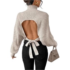 GORGLITTER Women's Bow Sweater Open Tie Back Long Sleeve Mock Neck Backless Pullover Top Fall Fashion 2024