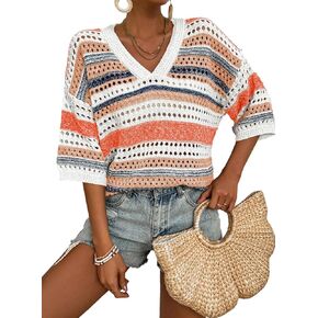 Acelitt Womens Short Sleeve Crochet Knit Sweater Hollow Out Striped Tops Beach Vacation Cruise Outfits
