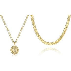 KissYan Initial Necklace for Women, 14K Gold Plated Dainty Chain Choker Chunky Figaro Snake Mariner Cuban Link Chains