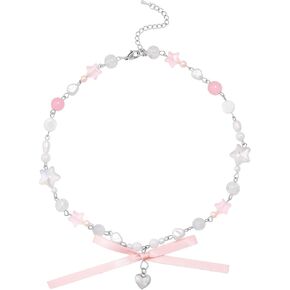Y2K Kawaii Coquette Pink Bow Cutecore Aesthetic Heart Star Beaded Choker Cool Necklaces Jewelry Accessories Coolest Romantic Gifts for Women