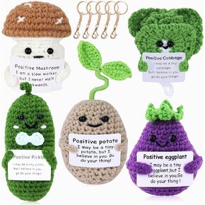 Positive Potato Crochet Doll,5PCS Emotional Support Pickle Cucumber, Encouragement Support Vegetables Mushroom Cabbage Knitted Dolls with Positive Card,Stress Relieving Knitting Doll Decor Keychain