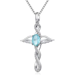 18K White Gold Plated Angel Wing Cross Necklace for Women 925 Sterling Silver Infinity Cross Pendant with Birthstone, Cross Jewelry Gift for Women with Gift Box