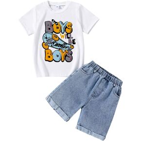Toddler Boys Set - Letter Print Short Sleeve Tee and Denim Shorts - Boys Summer Outfit (3-7 T)
