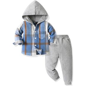 Yanmucy 2PCS Little Toddler Boys Sweatsuit Cotton Plaid Hoodies Shirt Tops + Pants Kids Spring Fall Winter Clothing Set