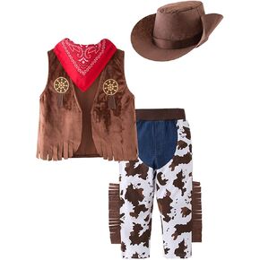stylesilove Kid Boys Cartoon Cowboy Outfit Brown Vest, Pants, Hat and Bandana 4pcs Set for Photography and Special Occasion