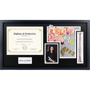 Graduation Shadow Box Frame for 8.5x11 Diploma & 4x6 Photo with Graduation Cap & Tassel Holder Class of 2024 2025 Wood Display Case