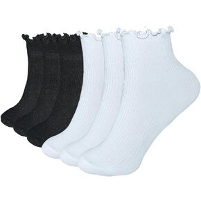 Women Socks,Ruffle Turn-Cuff Casual Ankle Socks Knit Cotton Lettuce Crew Frilly Sock 6 Pack Medium
