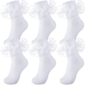 Geyoga 3 Pairs Women Big Ruffle Socks Turn Cuff, Double Lace Ankle Socks for Woman Cotton Lace Frilly Socks for Ladies