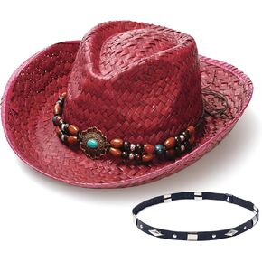 Faux Raffia Straw Western Cowboy Cowgirl Hat for Women or Ladies - Cute Wide Brim Decorative Bands