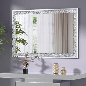 MUAUSU Crystal Crush Diamond Mirror 46.5Inchx30.6Inch Rectangular Silver Mirrors for Wall Decor Large Decorative Wall Mirror for Living Room Bedroom 46.4Inchx30.65Inch
