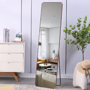 Solid Wood Frame Full Length Mirror,Floor Mounted Large Mirrors with High-Definition Glass and Metal Stand & Regulator,Bathroom Makeup,for Bedroom Entrance,Clothing Store,60"*16.5",Red