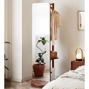 Rotating Full Length Mirror,65"x16" Full Body Mirror Coat Rack,Solid Wood Floor Mirror with Coat Rack,Dressing Mirror for Bedroom,Entryway,Living Room(Walnut)