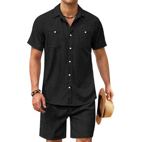 COOFANDY Men 2 Piece Linen Set Casual Beach Outfit Button Down Shirt and Short