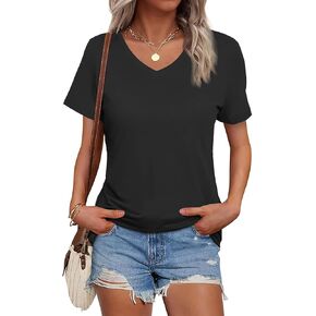 SMENG Women's Cotton V neck T-Shirt Short Sleeve Solid Color Tee Casual Fit Tee Breathable Summer Fashion Tops