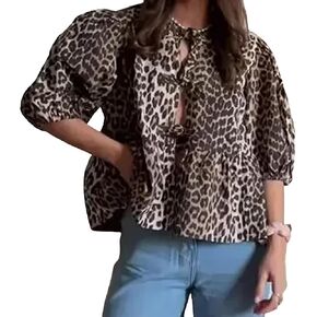 Tie Front Tops Womens Y2k Leopard Print Peplum Babydoll Top 3/4 Length Puff Sleeve Coquette Cute Going Out Tops