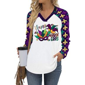 Mardi Gras Shirts for Women: Tuesday Shirt Funny Mask Graphic Tee Carnival Long Sleeve Shirt New Orleans Party V Neck Top