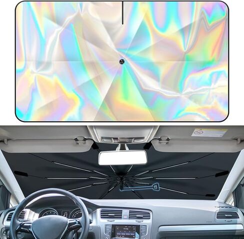2024 Windshield Sun Shade Umbrella, Glitter Iridescent Car Sunshade with No-Scratch 360° Rotation Shaft, Foldable Car Sun Shield Cover for Most Car Front Windshield Block UV Rays, Protect Car Interior in Kuwait