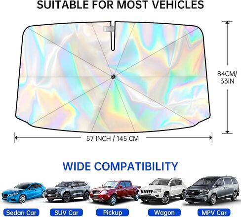 2024 Windshield Sun Shade Umbrella, Glitter Iridescent Car Sunshade with No-Scratch 360° Rotation Shaft, Foldable Car Sun Shield Cover for Most Car Front Windshield Block UV Rays, Protect Car Interior in Kuwait