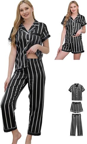 Womens Pajama Sets 3Pcs Silk Satin Pajamas Set XS-2XL Sleepwear Silky Pj Sets Nightwear Pjs Loungewear in Kuwait