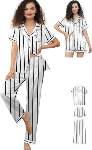 Womens Pajama Sets 3Pcs Silk Satin Pajamas Set XS-2XL Sleepwear Silky Pj Sets Nightwear Pjs Loungewear in Kuwait
