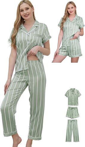 Womens Pajama Sets 3Pcs Silk Satin Pajamas Set XS-2XL Sleepwear Silky Pj Sets Nightwear Pjs Loungewear in Kuwait