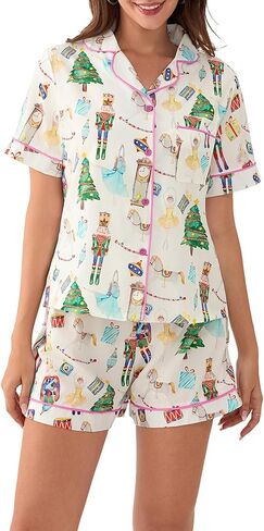 Luckinbaby Women Christmas Satin Pajamas Shorts Set Xmas Print 2 Piece Outfits Set Short Sleeve Button Shirts Pj Shorts Set in Saudi Arabia