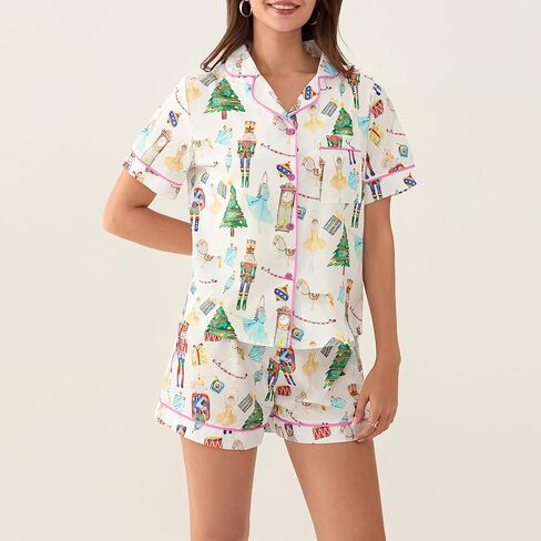 Luckinbaby Women Christmas Satin Pajamas Shorts Set Xmas Print 2 Piece Outfits Set Short Sleeve Button Shirts Pj Shorts Set in Saudi Arabia