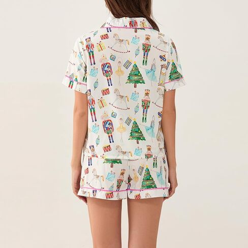 Luckinbaby Women Christmas Satin Pajamas Shorts Set Xmas Print 2 Piece Outfits Set Short Sleeve Button Shirts Pj Shorts Set in Saudi Arabia