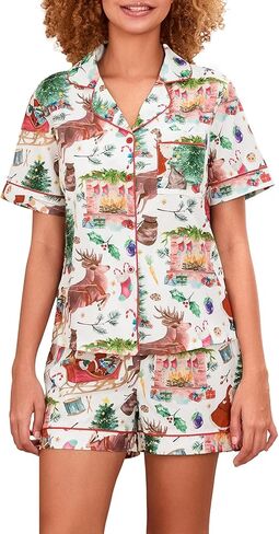Luckinbaby Women Christmas Satin Pajamas Shorts Set Xmas Print 2 Piece Outfits Set Short Sleeve Button Shirts Pj Shorts Set in Saudi Arabia