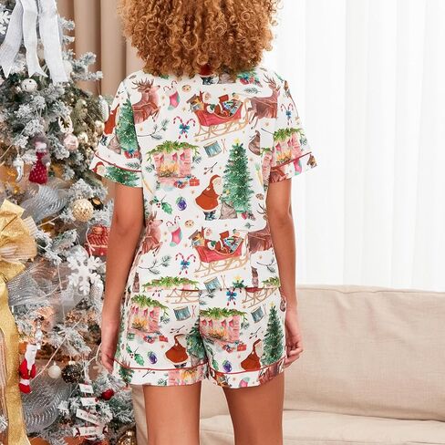 Luckinbaby Women Christmas Satin Pajamas Shorts Set Xmas Print 2 Piece Outfits Set Short Sleeve Button Shirts Pj Shorts Set in Saudi Arabia