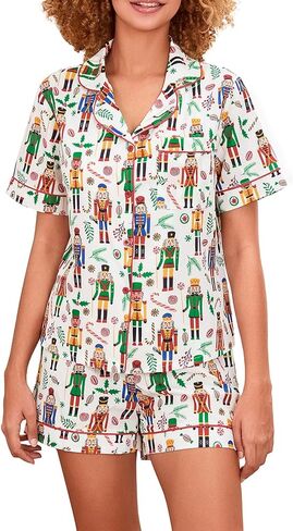 Luckinbaby Women Christmas Satin Pajamas Shorts Set Xmas Print 2 Piece Outfits Set Short Sleeve Button Shirts Pj Shorts Set in Saudi Arabia
