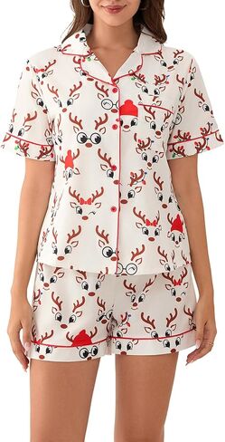Luckinbaby Women Christmas Satin Pajamas Shorts Set Xmas Print 2 Piece Outfits Set Short Sleeve Button Shirts Pj Shorts Set in Kuwait