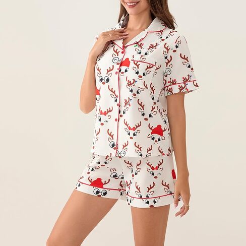 Luckinbaby Women Christmas Satin Pajamas Shorts Set Xmas Print 2 Piece Outfits Set Short Sleeve Button Shirts Pj Shorts Set in Kuwait