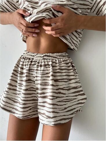 Women's 2 Piece Pajama Set Stripe Short Sleeve Crewneck Crop Lounge Shorts Set Soft Sleepwear in Saudi Arabia