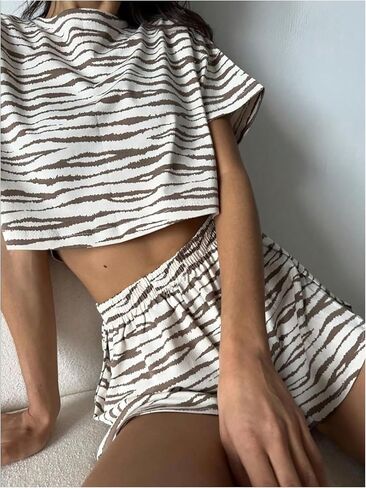 Women's 2 Piece Pajama Set Stripe Short Sleeve Crewneck Crop Lounge Shorts Set Soft Sleepwear in Saudi Arabia