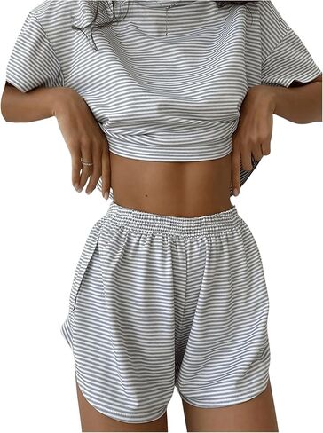 Women's 2 Piece Pajama Set Stripe Short Sleeve Crewneck Crop Lounge Shorts Set Soft Sleepwear in Saudi Arabia