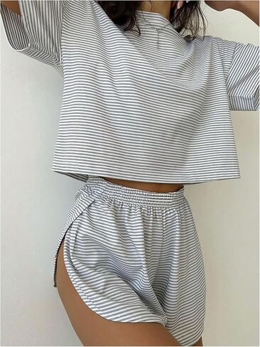 Women's 2 Piece Pajama Set Stripe Short Sleeve Crewneck Crop Lounge Shorts Set Soft Sleepwear in Saudi Arabia