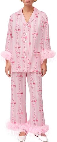 Women Feather Trim Holiday Pajamas Cute Bow Heart Satin Pjs Silk Long Sleeve Button Pajama Shirt Lounge Pants Sets in Kuwait
