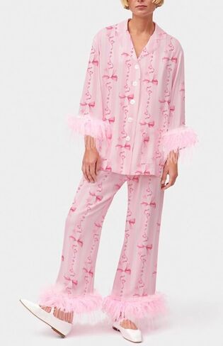 Women Feather Trim Holiday Pajamas Cute Bow Heart Satin Pjs Silk Long Sleeve Button Pajama Shirt Lounge Pants Sets in Kuwait