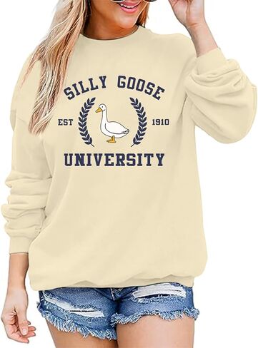 Funny Goose Graphic Sweatshirt For Women Cute Printed Crewneck Sweater Pullover With Sayings Long Sleeve T Shirts in Kuwait